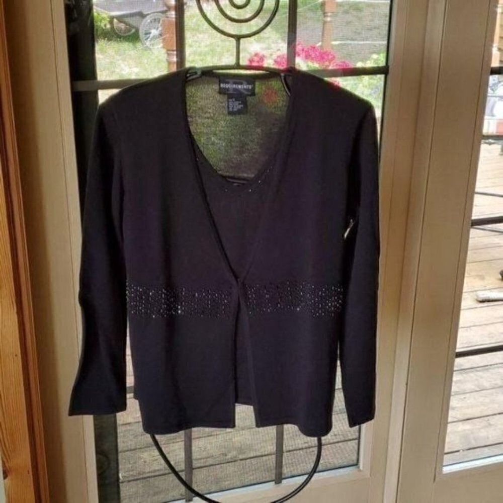 Requirements Womens Black Beaded 2-Piece Twinset Cardigan Shell Sweater Set Sz S